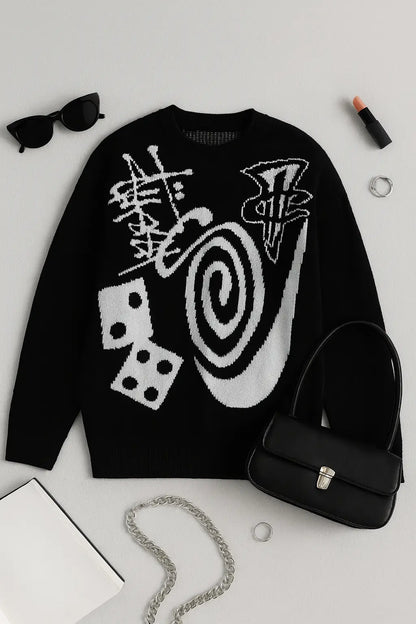 Hip-hop punk fashion casual letter knitted men pullover 2025 street personality versatile top hoodie couple trendy loose sweater Novara Shop