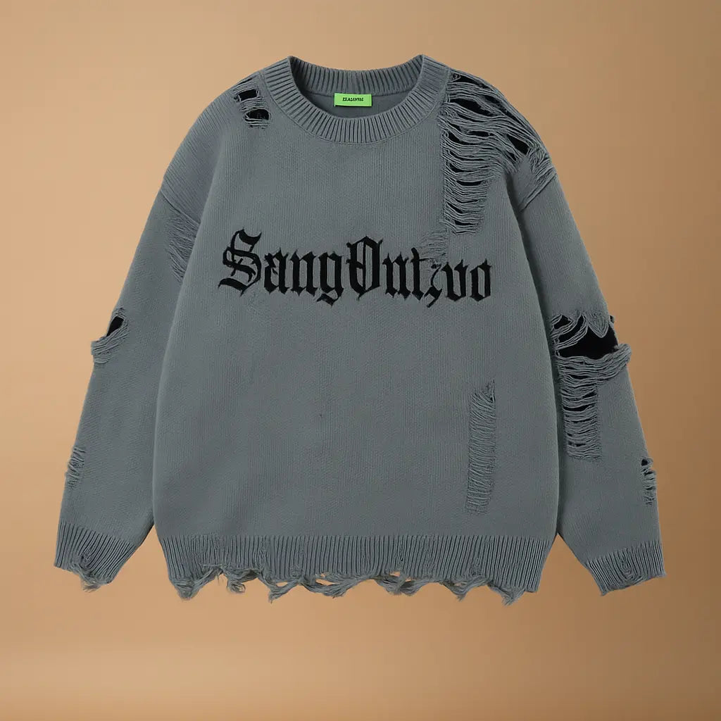 Torn Smooth Sweater Men Retro Ripped Hole Knitted Letter Plain Jumpers Men Streetwear Hip Hop Harajuku Punk Gothic Sweaters Novara Shop