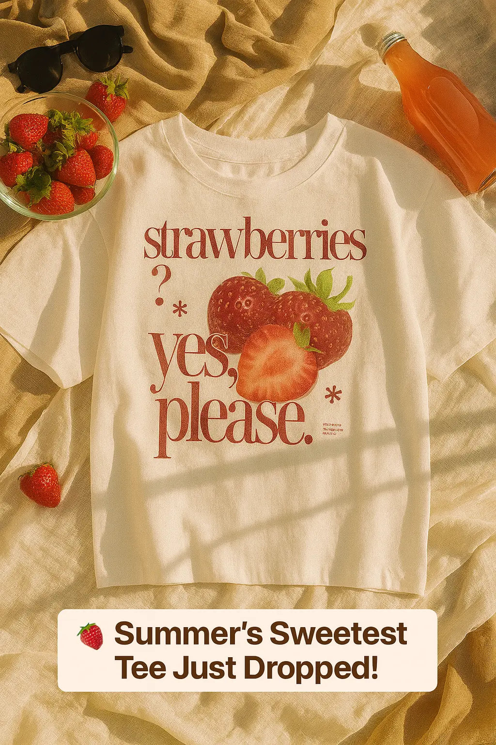 100% Cotton T-shirt Strawberry Graphic Print Women&