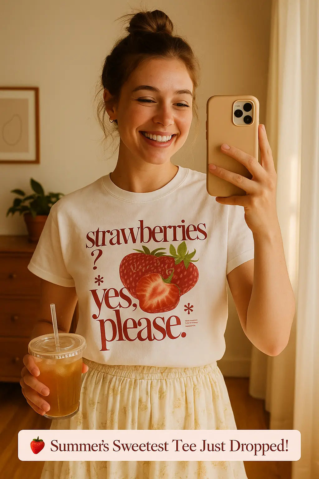 100% Cotton T-shirt Strawberry Graphic Print Women&