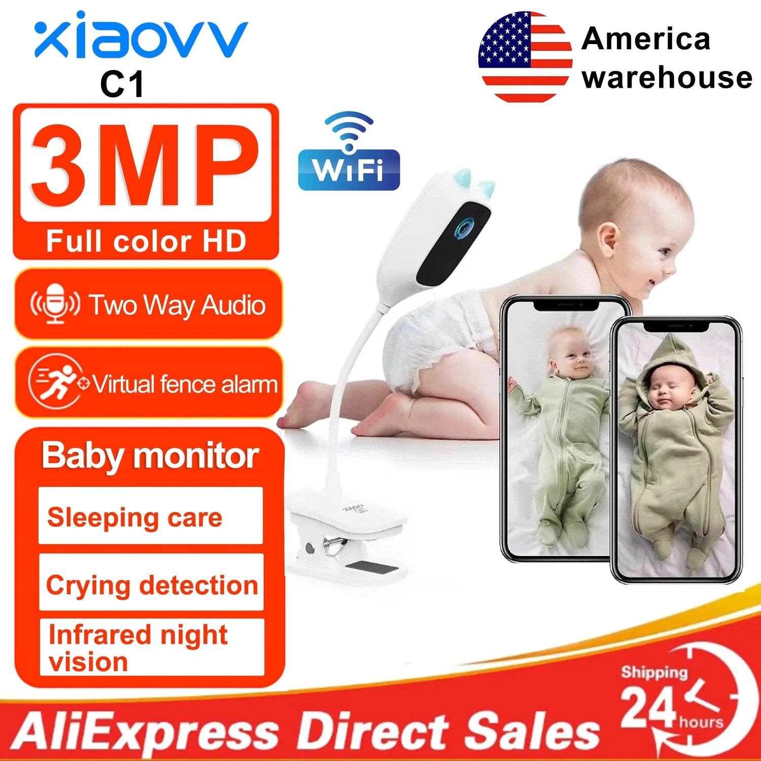 XIAOVV 3MP 2K 2.4GHz WiFi Indoor Home Security Mini IPe Camera