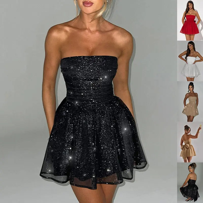 Tube Top Lace Dress With Back Bow-knot Summer Fashion Temperament Mesh Stitching Off-neck Short Skirt Novara Shop   Novara Shop