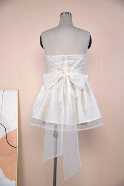 Tube Top Lace Dress With Back Bow-knot Summer Fashion Temperament Mesh Stitching Off-neck Short Skirt Novara Shop  41.00 Novara Shop Beige white / S