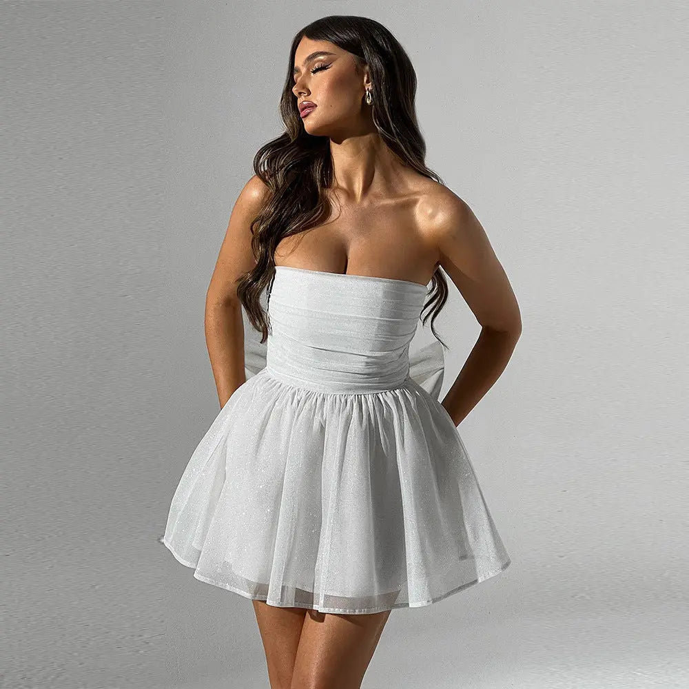 Tube Top Lace Dress With Back Bow-knot Summer Fashion Temperament Mesh Stitching Off-neck Short Skirt Novara Shop  41.00 Novara Shop Silver / XL