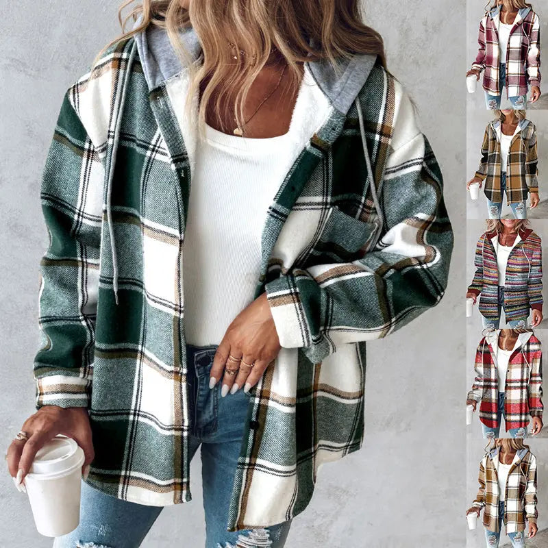 Plaid Hooded Jacket Fashion Casual Button Pocket Coat Autumn And Winter Women&