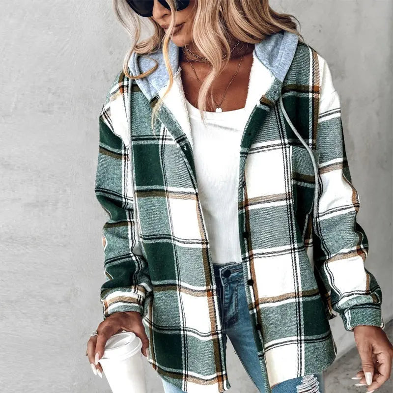 Plaid Hooded Jacket Fashion Casual Button Pocket Coat Autumn And Winter Women&