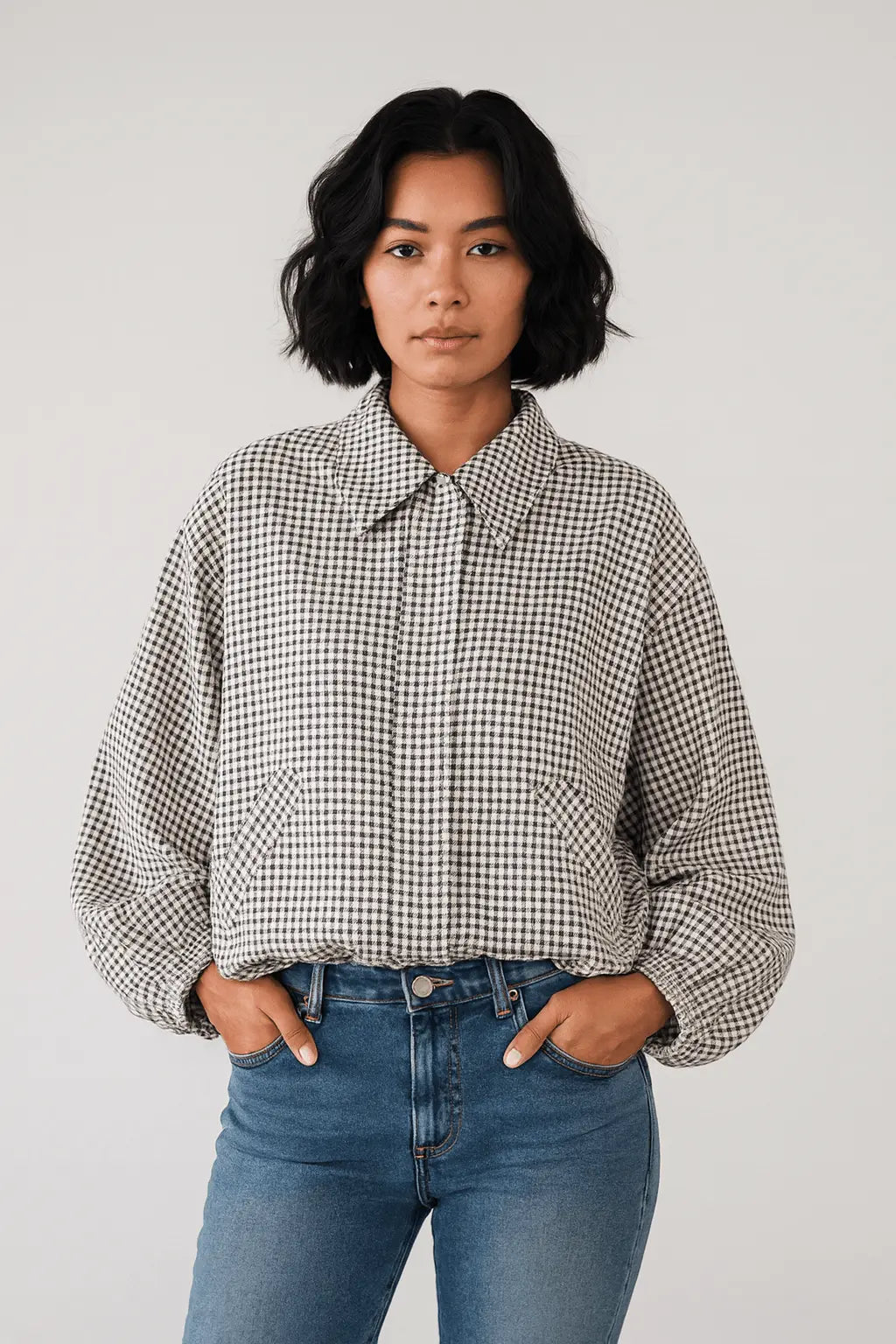 Casual Grid Lapel Zipper Pocket Short Coat Women Loose Full Sdy Chic C