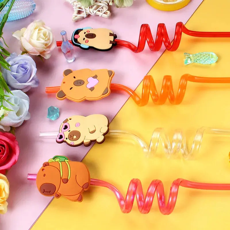 12pcs Cartoon Capybara Reusable Straws Durable PET Plastic, 