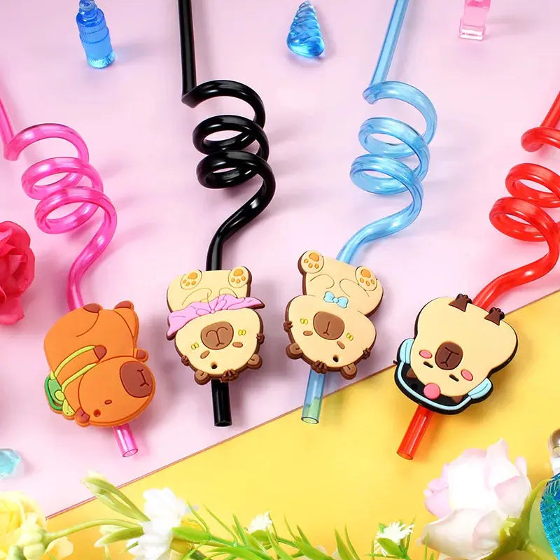 12pcs Cartoon Capybara Reusable Straws Durable PET Plastic, 