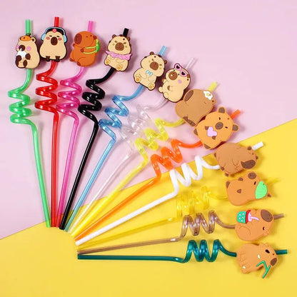 12pcs Cartoon Capybara Reusable Straws Durable PET Plastic, 