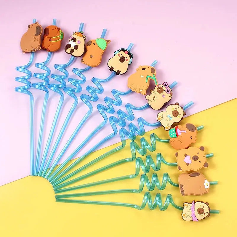 12pcs Cartoon Capybara Reusable Straws Durable PET Plastic, 