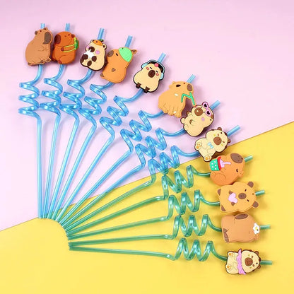 12pcs Cartoon Capybara Reusable Straws Durable PET Plastic, 