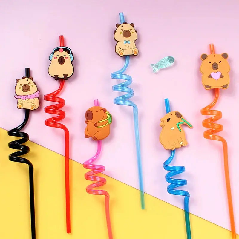 12pcs Cartoon Capybara Reusable Straws Durable PET Plastic 