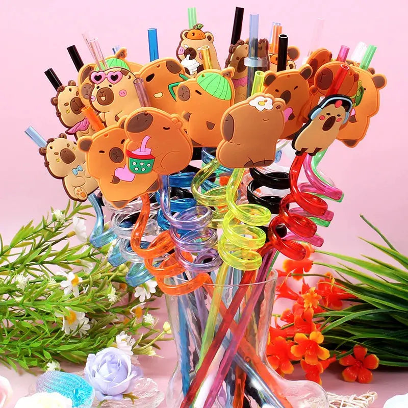 12pcs Cartoon Capybara Reusable Straws Durable PET Plastic 