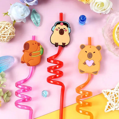 12pcs Cartoon Capybara Reusable Straws Durable PET Plastic 