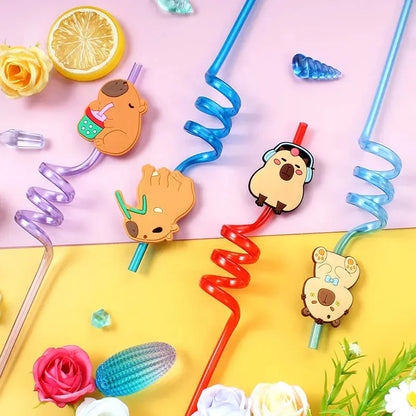 12pcs Cartoon Capybara Reusable Straws Durable PET Plastic 