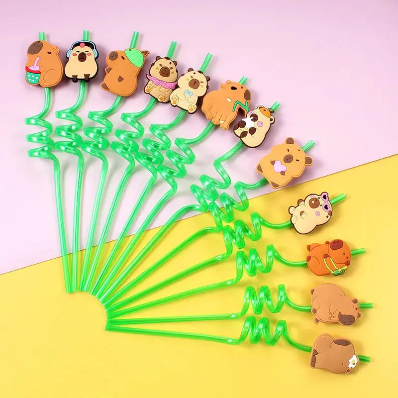 12pcs Cartoon Capybara Reusable Straws Durable PET Plastic 