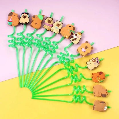 12pcs Cartoon Capybara Reusable Straws Durable PET Plastic 