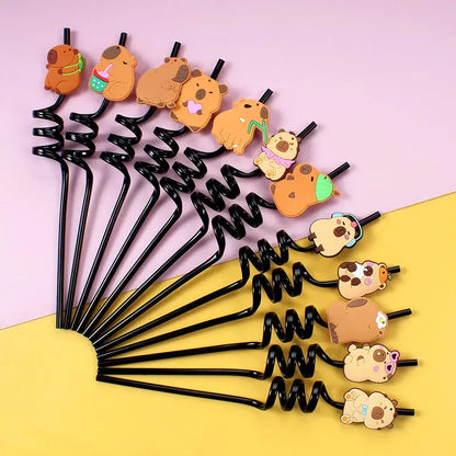 12pcs Cartoon Capybara Reusable Straws Durable PET Plastic 