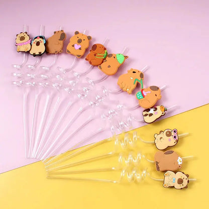 12pcs Cartoon Capybara Reusable Straws Durable PET Plastic 