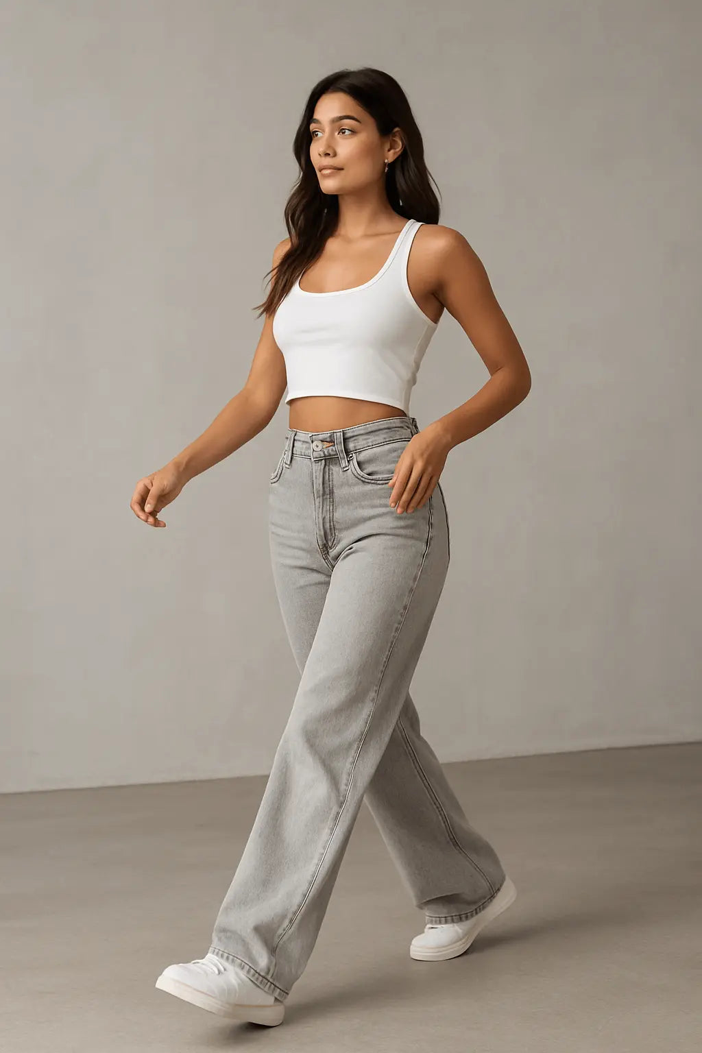 Woman walking in wide leg jeans and a white tank top, showcasing a relaxed streetwear style.