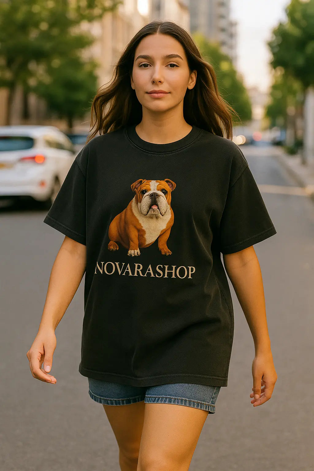 100% Cotton Bulldog Unisex Vintage T-shirt Novarashop Logo Street Trend Short Sleeve T-shirt Embroidery Design European American Size - Novarashop